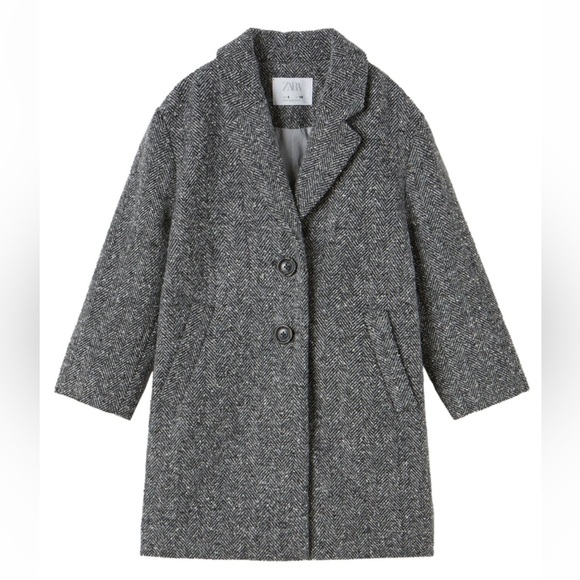 Zara Gray Herringbone Wool Blend Girls Long Coat with pockets size 13-14 164cm - Picture 1 of 12